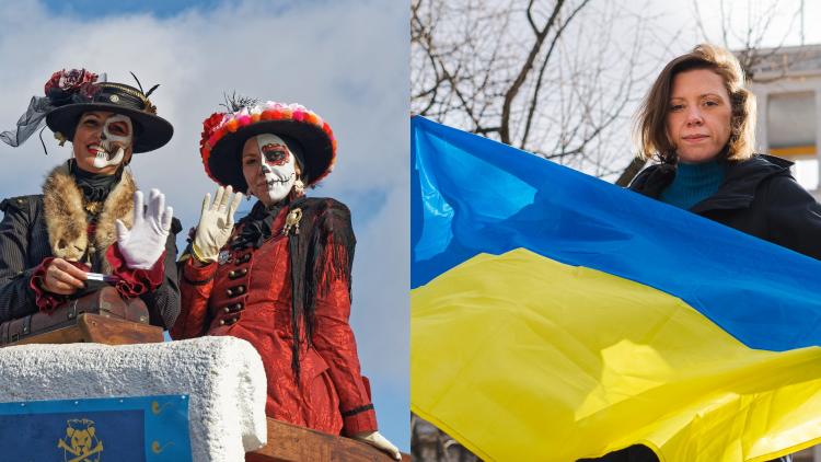 Anikó auf dem Freibeuterwagen (Foto: Rainer Schoensee) und vor der russischen Botschaft mit Ukraine-Flagge. 