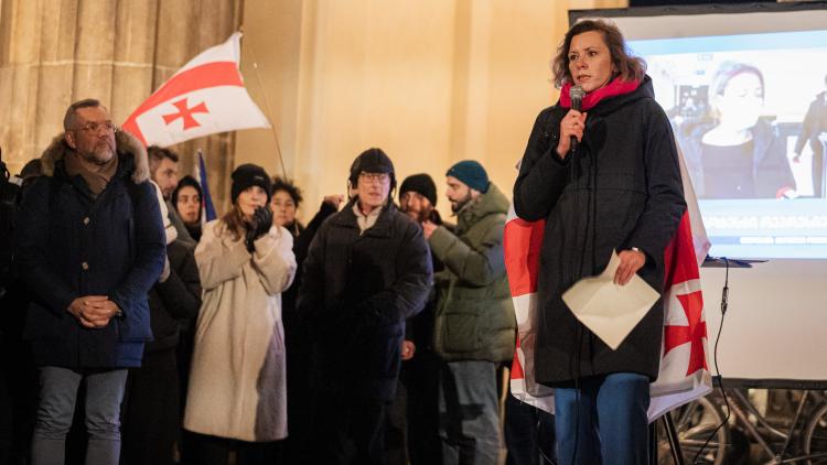 Anikó bei der Demo für ein freies Georgien vor dem Brandenburger Tor am 05.12.2024. Hinter ihr stehen weitere Abgeordnete und Demonstrierende, die Georgienflaggen schwenken. 